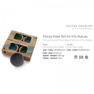 VİAPOT FLORYA KASE 150 ML 9,5X4,5 CM İÇİ SIRLI TURKUAZ 4LÜ KUTU