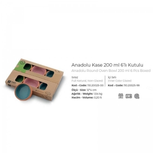 VİAPOT ANADOLU KASE 200 ML 12X4 CM İÇİ SIRLI 6LI KUTU