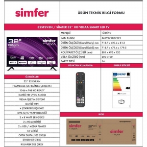 SİMFER 32SFSV3N 32'' ( 82 EKRAN ) UYDULU VİDAA SMART ÇERÇEVESİZ (DOLBY) TV