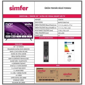 SİMFER 50SFSV6B 50'' ( 127 EKRAN ) 4K VİDAA SMART ÇERÇEVESİZ TV