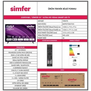 SİMFER 55SFSV6B 55'' ( 140 EKRAN ) 4K VİDAA SMART ÇERÇEVESİZ TV