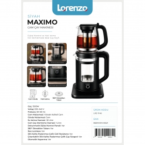 LORENZO - MAXIMO DOKUNMATİK DİJİTAL CAM ÇAY MAKİNESİ 1500 W SİYAH 
