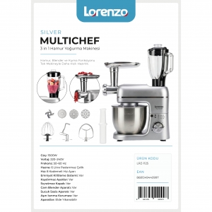 LORENZO - MULTICHEF 3 in 1 HAMUR YOĞURMA BLENDER ET KIYMA MAKİNESİ SİLVER KL:2