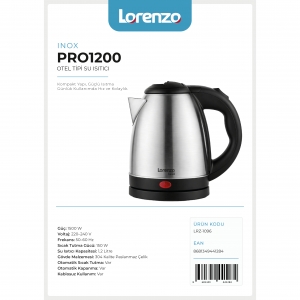 LORENZO - PRO 1200 OTEL TİPİ 1.2 LT KETTLE İNOX KL:6