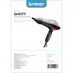 LORENZO - SHOTT PROFESYONEL SAÇ KURUTMA MAKİNESİ SİYAH KL:12