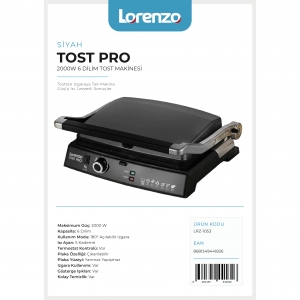 LORENZO - TOST PRO 2000 W 6 DİLİM TOST MAKİNESİ SİYAH KL:4